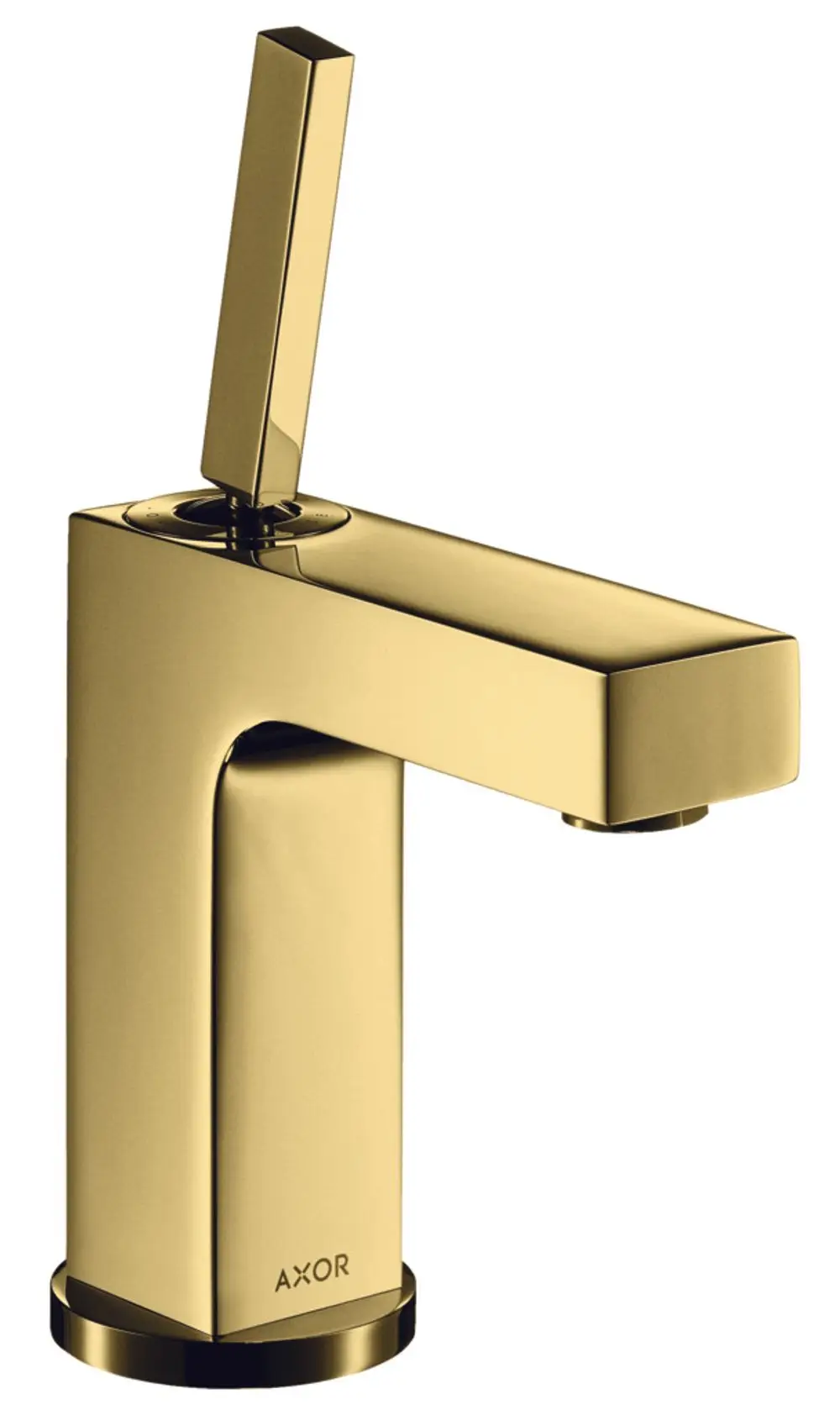 Einhebel-Waschtischmischer mit einem rechteckigen Hebel und abgerundeten Kanten in glänzendem Gold, gefertigt von AXOR.